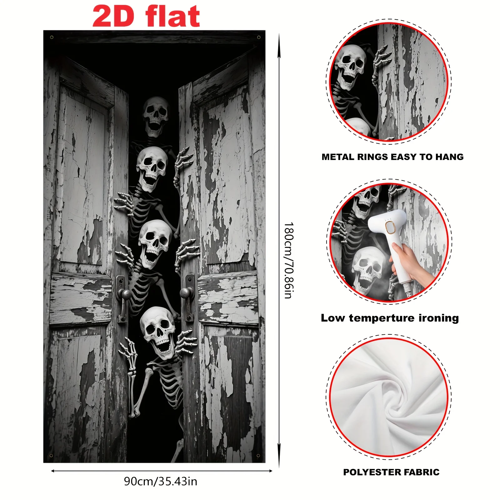 لافتة حفلة مسطحة ثنائية الأبعاد، ديكور إطار باب الهالوين - نمط رعب، تصميم مع مجموعة من الهياكل العظمية التي تفتح الباب.