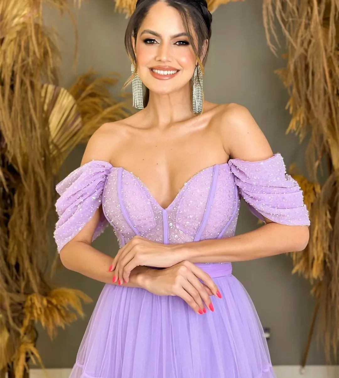 Customized Classic Long Lilac V-Neck Tulle Evening Dresses A-Line Off The Shoulder Pleated Floor-Length Sweep Train Prom Dress f