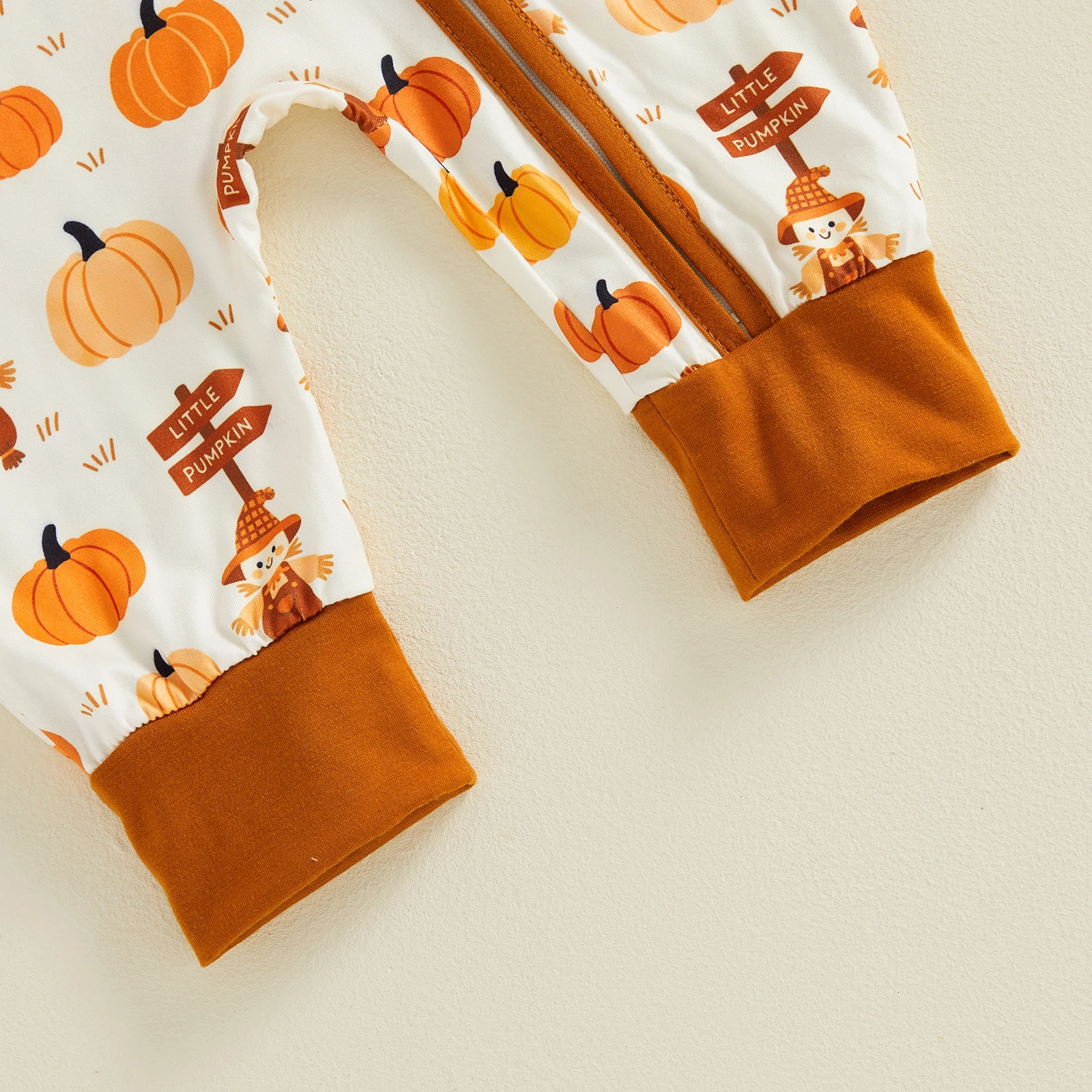 Baby Boy Thanksgiving Romper Casual Scarecrow Pumpkin Print Zip Front Crew Neck Long Sleeve Jumpsuit for Fall