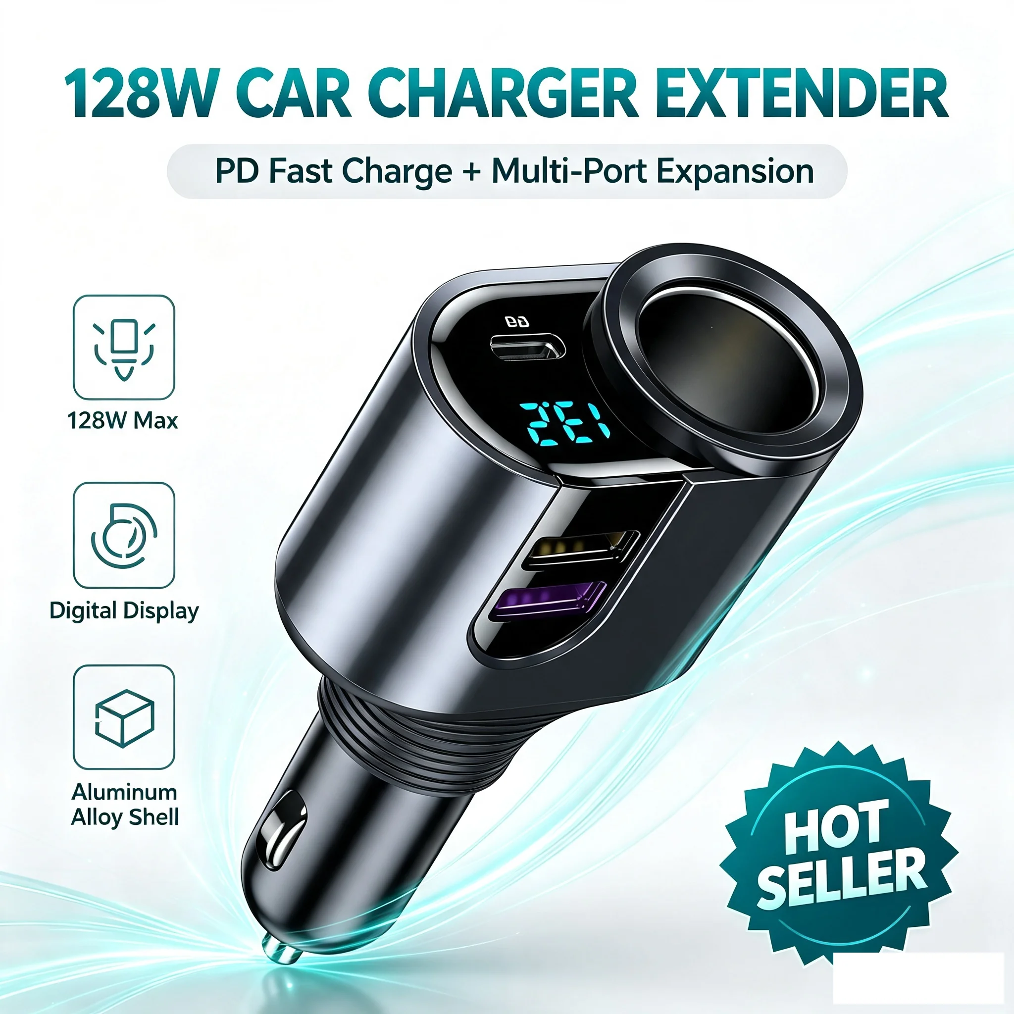 128W 4 Ports Digital Display Car Cigarette Lighter Power Adapter 3.1 A USB PD Car Phone Multifunctional Charger For iPhone