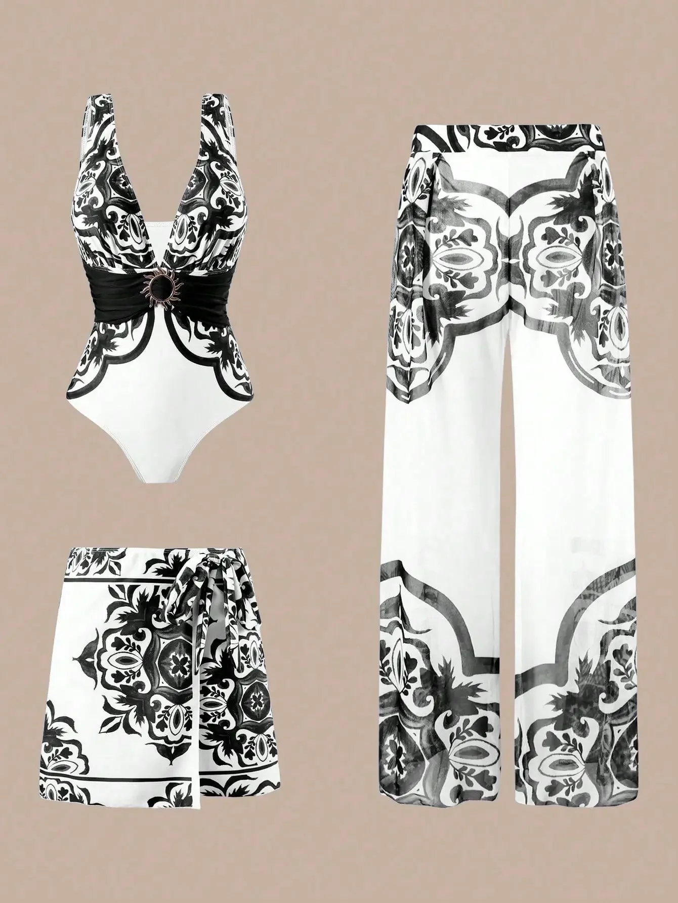 여성용 섹시 원피스 수영복 스커트 푸쉬업 레이스업 밴디지 바디수트 브라질리언 딥 V넥 백리스 수영복