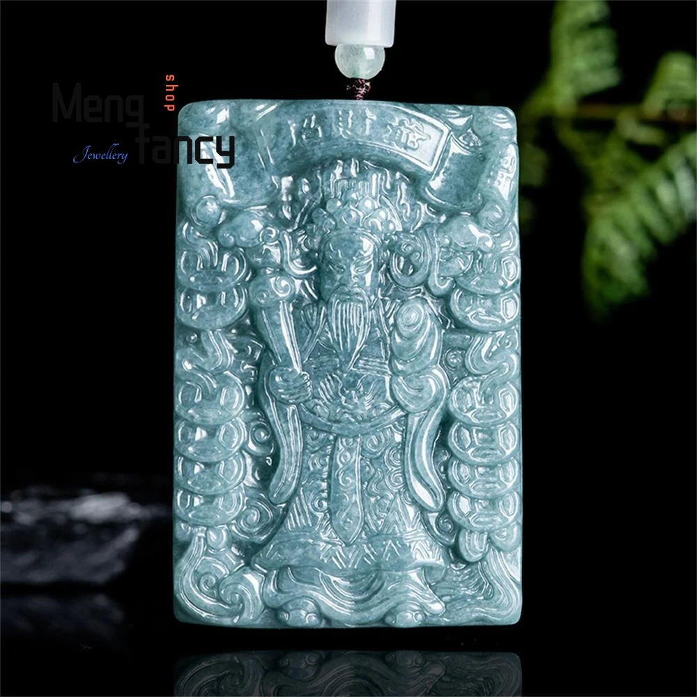 

Natural A-goods Jadeite Blue Water God Of Fortune Through The Wealth Of Ice Jade Pendant Mascots Fashion Jewelry Holiday Gifts