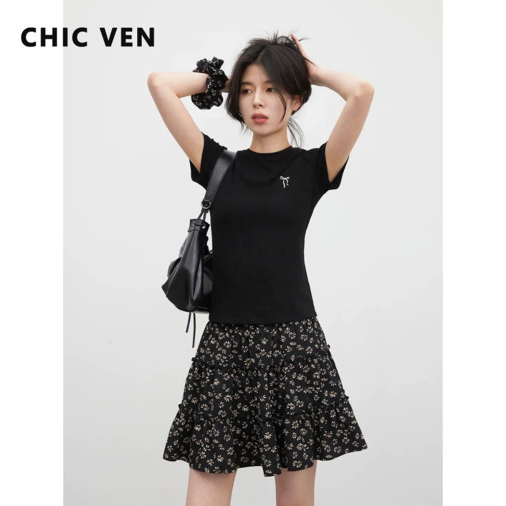CHIC VEN New Women T-Shirts New Slim Short Sleeve Bow Embroidery Female Elastic Tees Knitted Groove Strip Tops Summer 2026