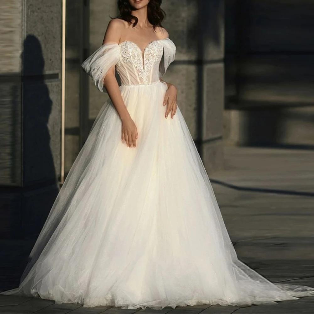 Sexy V-Neck Off The Shoulder Lace Corset Wedding Dress Puffy Tulle A Line Floor Length Bridal Gown