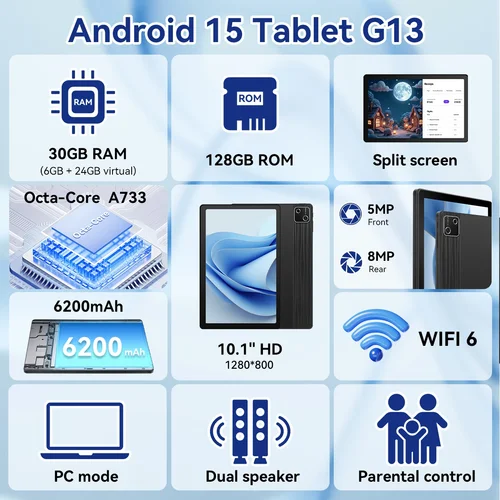 Imagen 2 del producto Tablet URAO de 10 Pulgadas con Android 15, 30GB de RAM, 128GB de ROM, Expandible a 1TB, 6200mAh, Certificación GMS, Widevine L1, Cámara Dual, WiFi 6, Set de Tablet PC