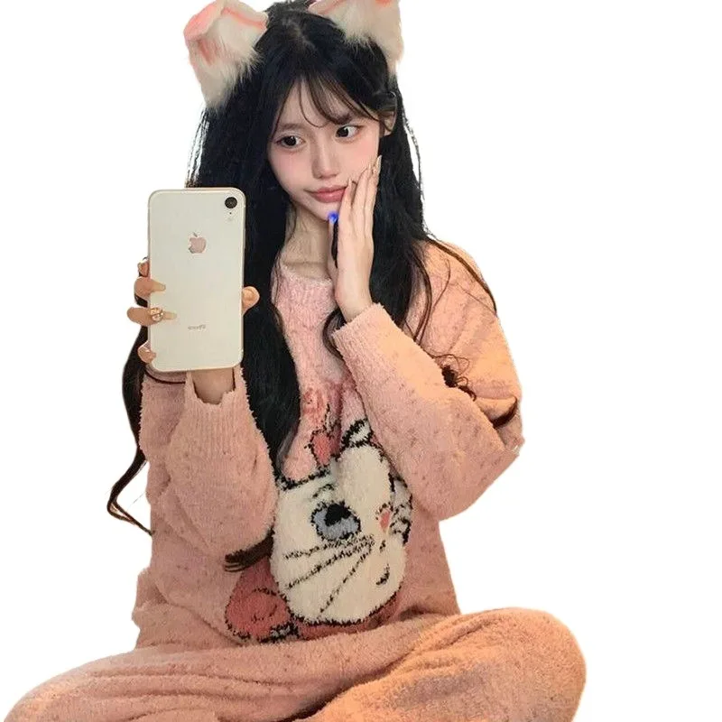 

Sweet Pink Half-edge Velvet Pajamas Women Long-sleeved Trousers Suit for Autumn and Winter Loungewear Suit Can Be Worn Outside