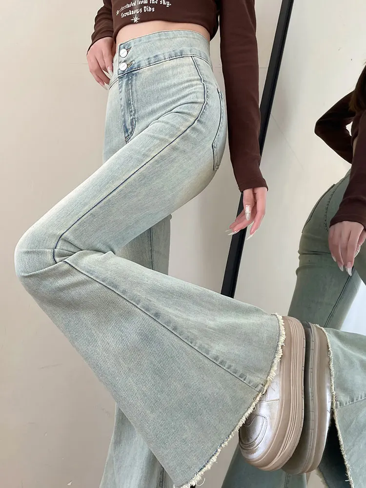 Streetwear Moda Donna Flare Jeans divisi Vita alta Fascia elastica Denim Pantaloni completi estivi Pantaloni dritti casual sottili Wh4