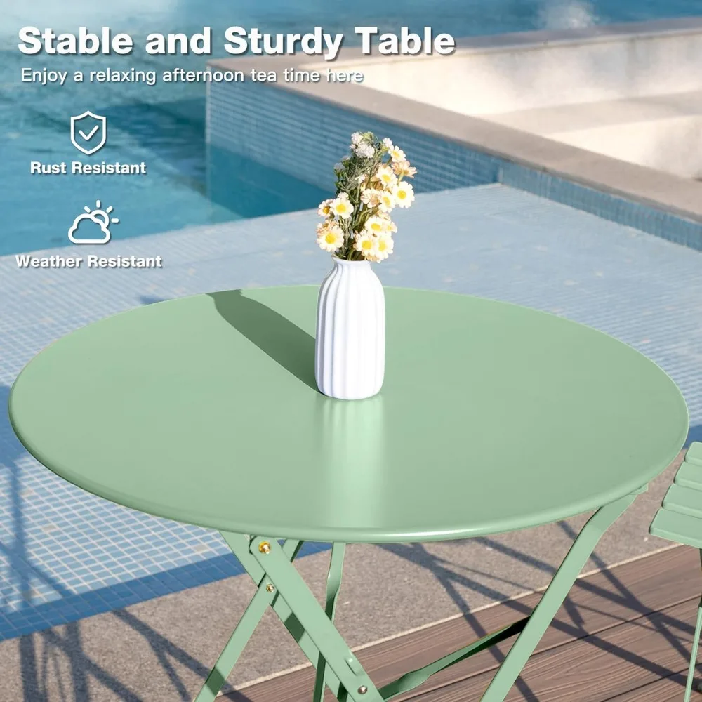 مجموعة أثاث الفناء الخارجي: طاولة وكراسي بيسترو قابلة للطي مكونة من 3 قطع، مثالية للحديقة والشرفة وجانب حمام السباحة باللون الأخضر