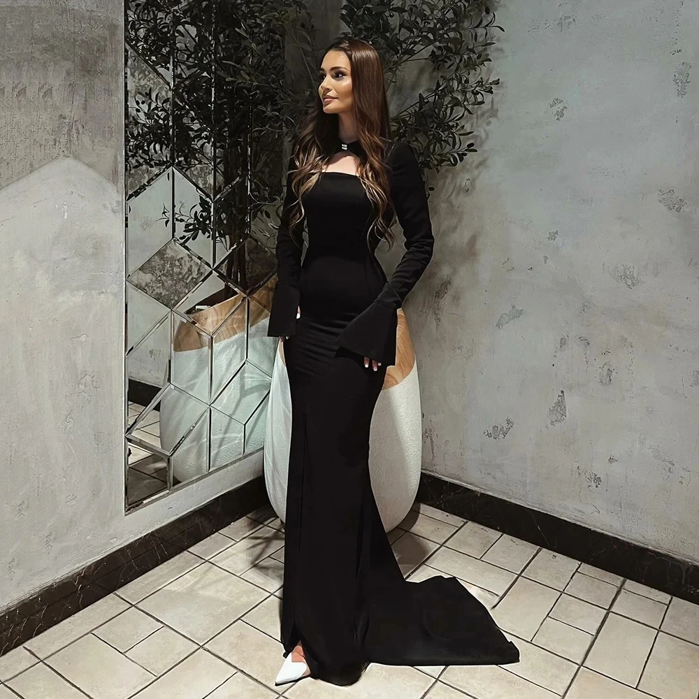 

Elegant Black Modest Evening Party Dress Scoop Flare Sleeve Satin Mermaid Long Prom Formal Gowns Banquet Robe De Soiree