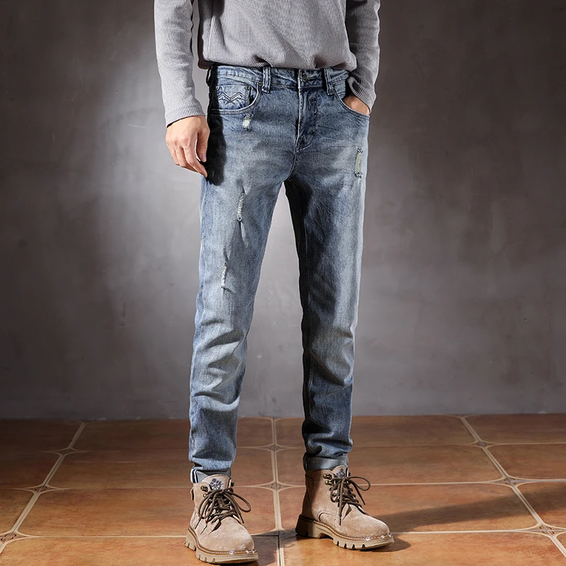 High quality blue distressed jeans men's straight leg pants versatile trendy brand pants streetwear men ripped skinny jeans men
