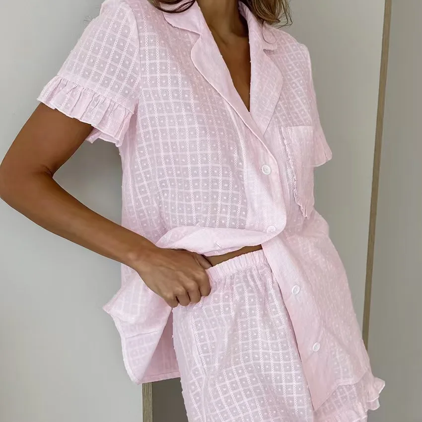 ファッショナブルな半袖シャツとショーツセットホーム服ターンダウンカラーカジュアル薄い夏の若者女性ホーム快適な着用