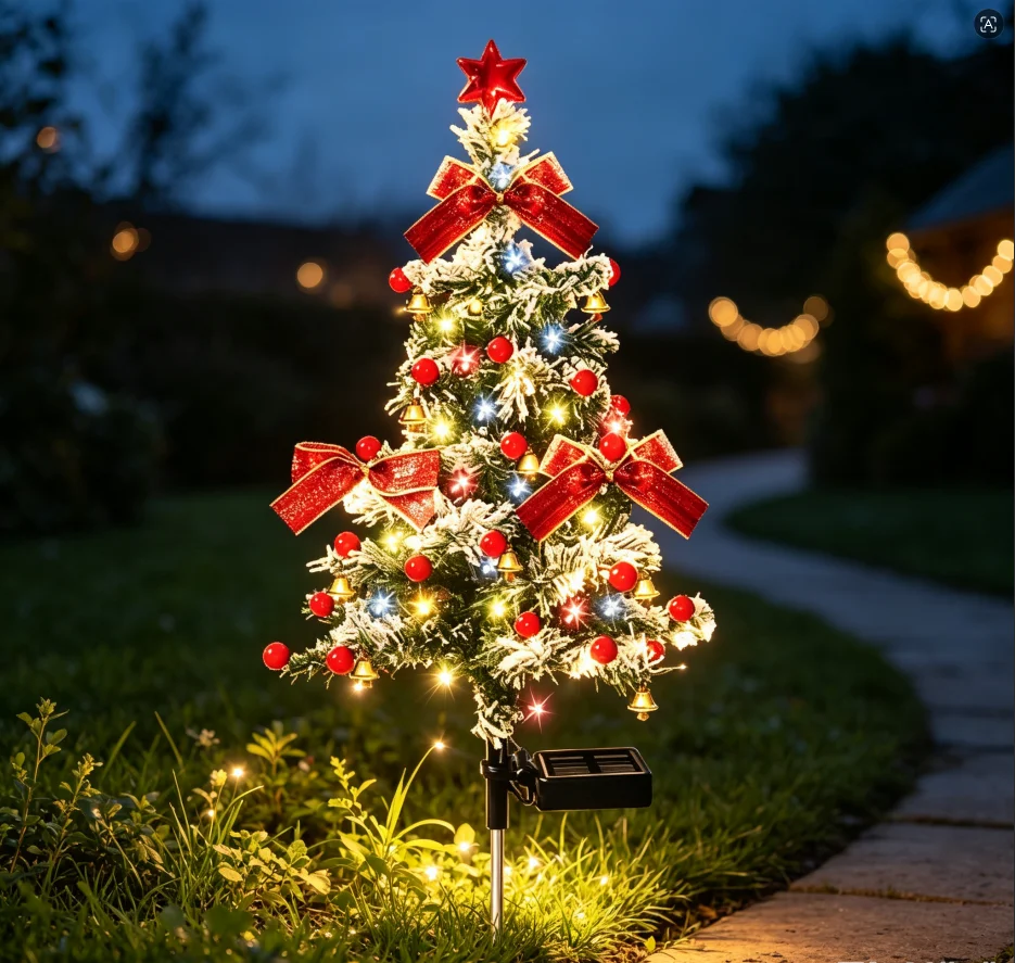 Multicolor LED Solar Tree Lamp Cedar Christmas Garden Stake with Red Bows Berries Bells and Star for Outdoor Holiday Decor