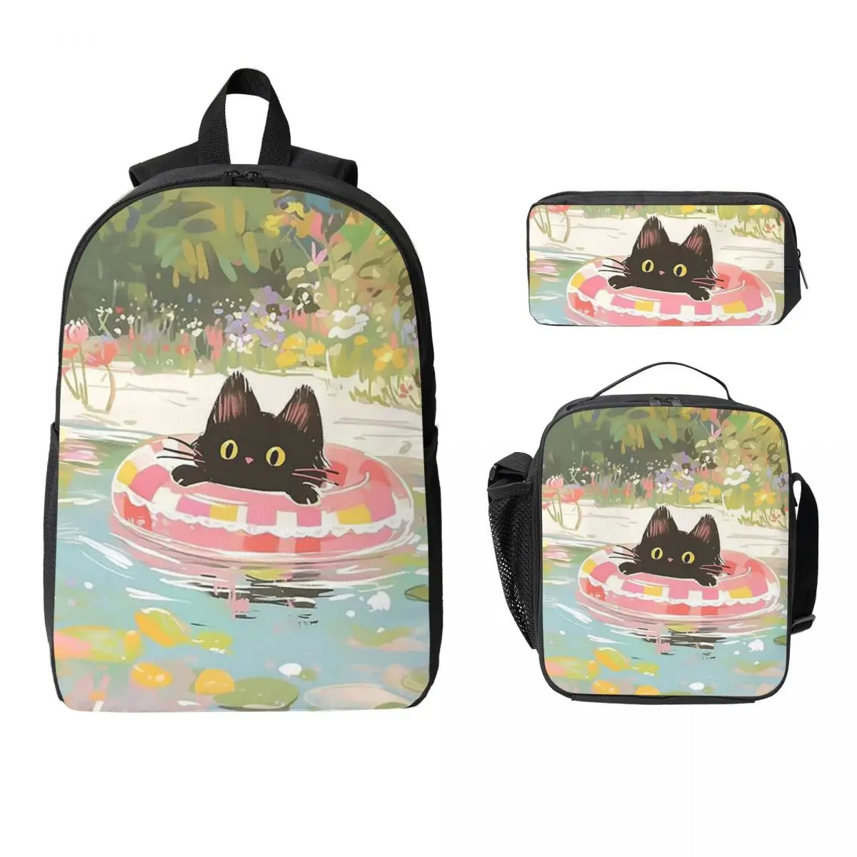 Summer Pool Cartoon Cat Anime Backpack Boys Girls BookBag School Bag Laptop Shoulder Bags 3ps Insulated Lunch Bag Pencil Case