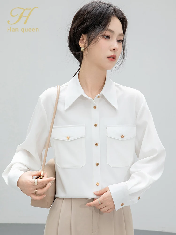 

H Han Queen Autumn Women Blouse French Elegant Single Breasted Blouses Loose White Shirt Long Sleeve Casual Top Women's Clothing