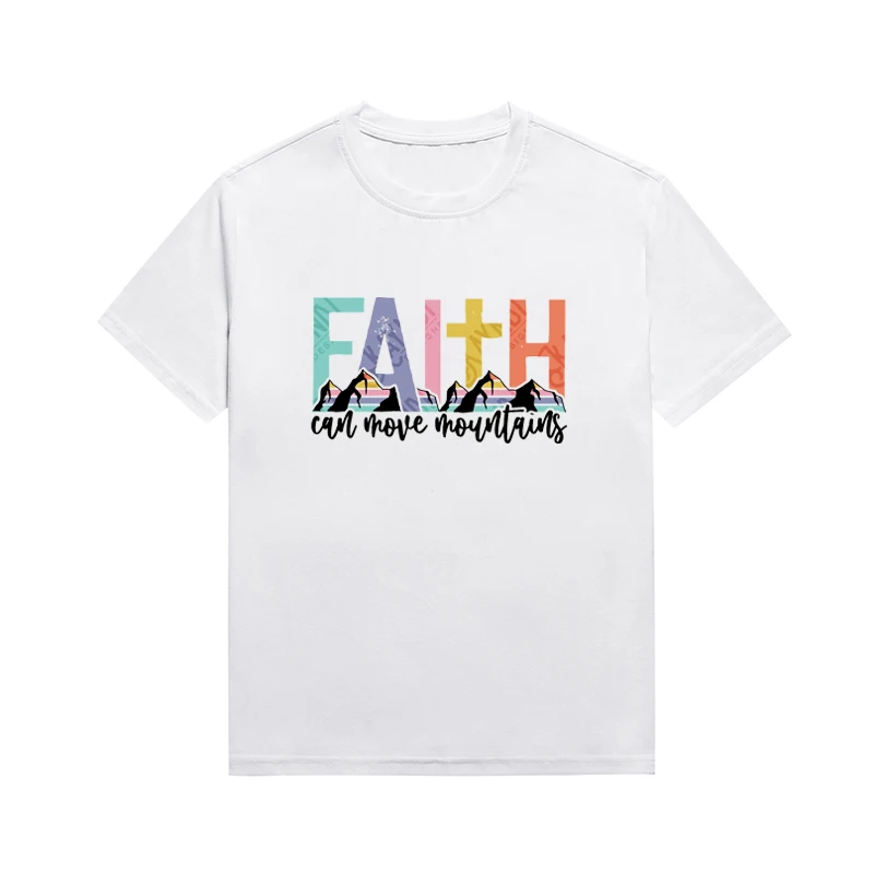 

Faith Can Move Mountains Slogan Tee Women Vintage Boho Religious Christian T-Shirt Short Sleeve Custom Top