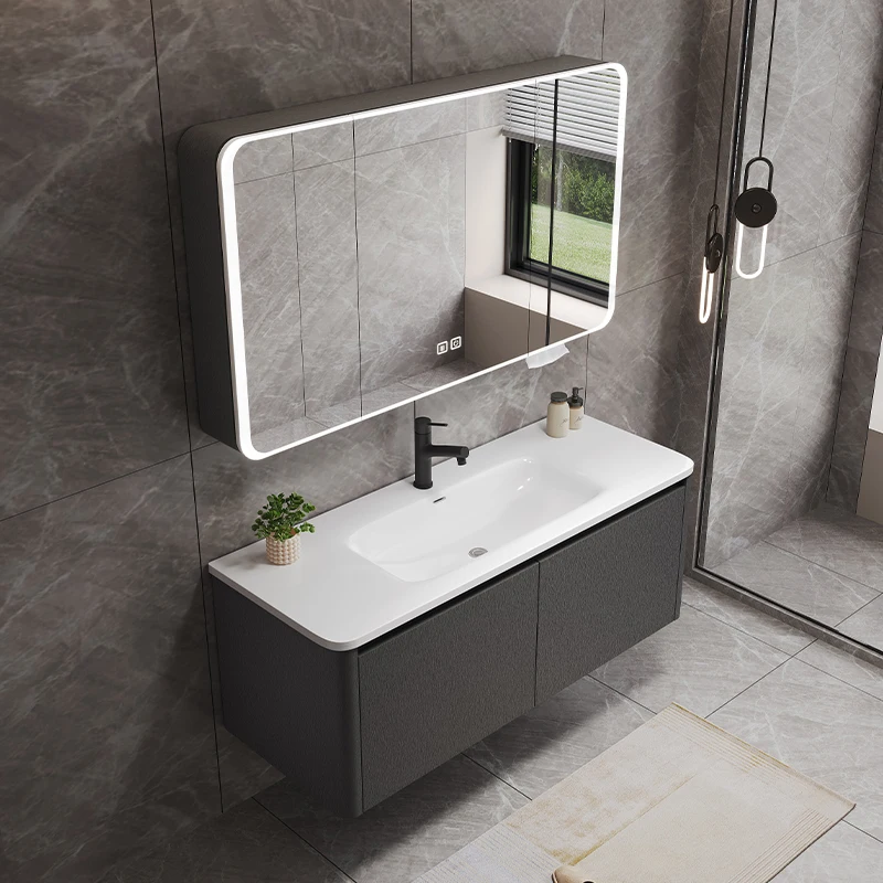 Light luxury cream style bathroom  ceramic integrated basin combination arc mirror washstand  hand washbasin