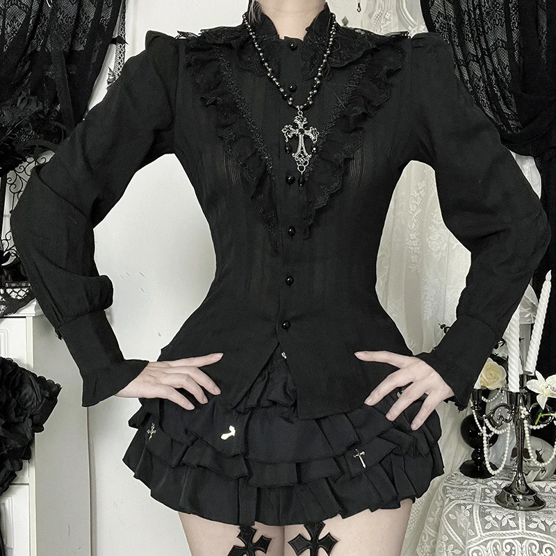 Goth Black Jacquard Long Sleeve Cotton Blouses Slim Elegant Textured Shirts Women Outfits Streetwear Partywear Halloween