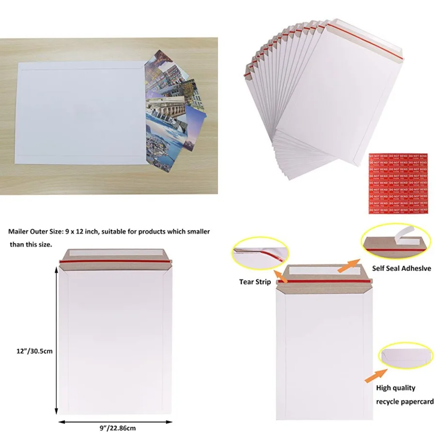 

100 Pack 9X12 inch Self Seal Photo Document Mailers Stay Flat Cardboard Envelopes Photography Mailersfor CD, Photos, Document
