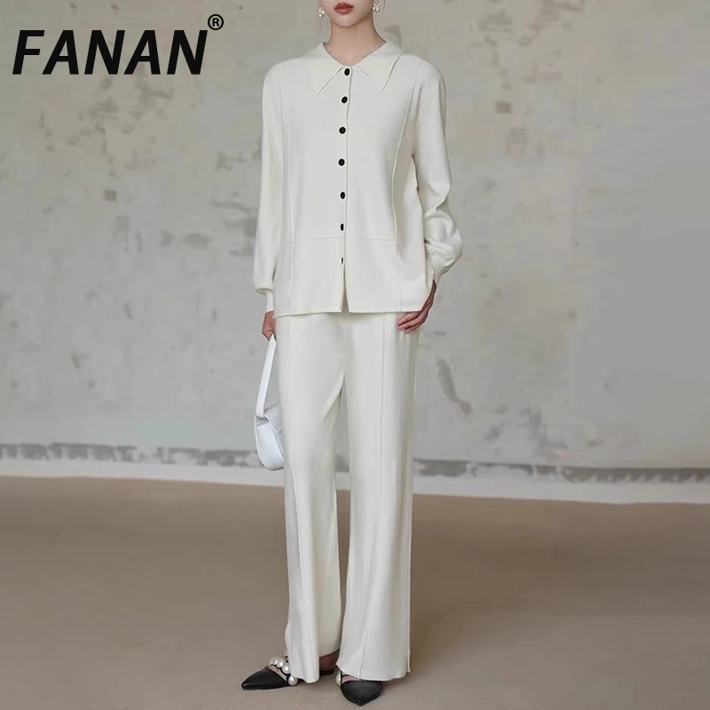 

FANAN Women's Two Piece Set Knit Top Wide Leg Slit Pants Spring Autumn 2025 Casual Slim Fit Elegant Chic Designer Outfit