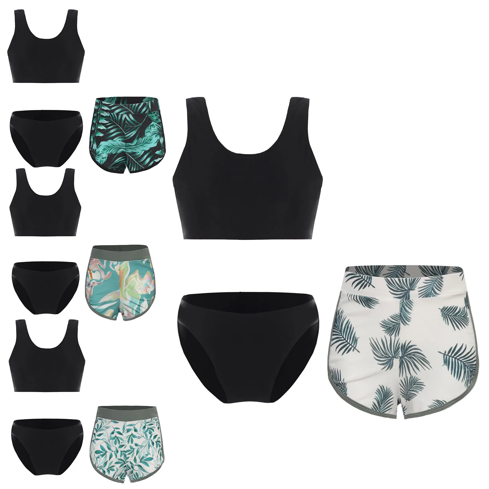 Girls Summer Beach Swimsuit Black Vest Chest Pads Tank Top Wear Bathing Suit Bottoms Shorts Outfit Tropical Print Swimwear Set