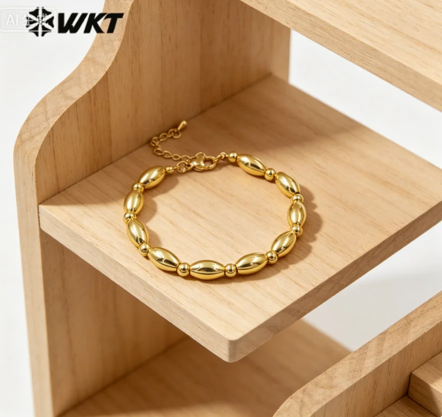 WT-JF349 Exquisite Vintage Rice Shape Beads Spacing In 18k Gold Plating Adjustable Size Bracelet For Women Jewelry Finding