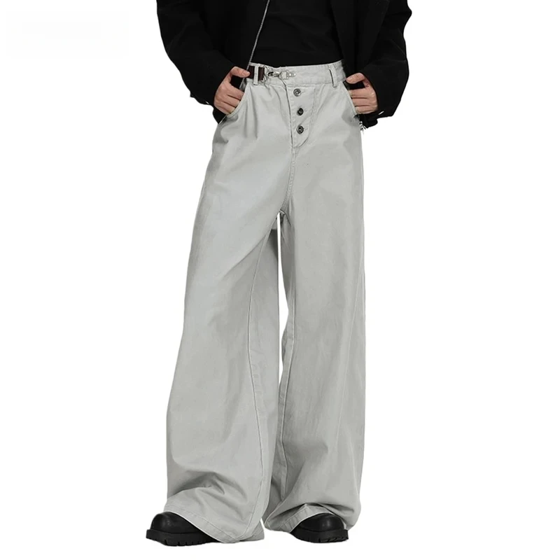 

Spliced Solid Color Cargo Pants Mens Single Breasted Retro Distressed Casual Baggy Wide Leg Trousers Man