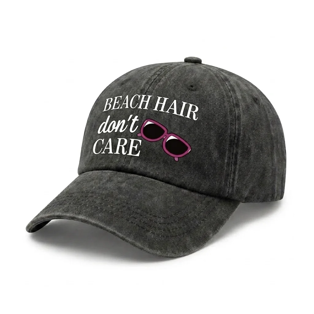 Washed Distressed Baseball Cap for Women Beach Hair Don't Care Letter Print Sunglasses Pattern Adjustable Dad Hat Summer Beach S