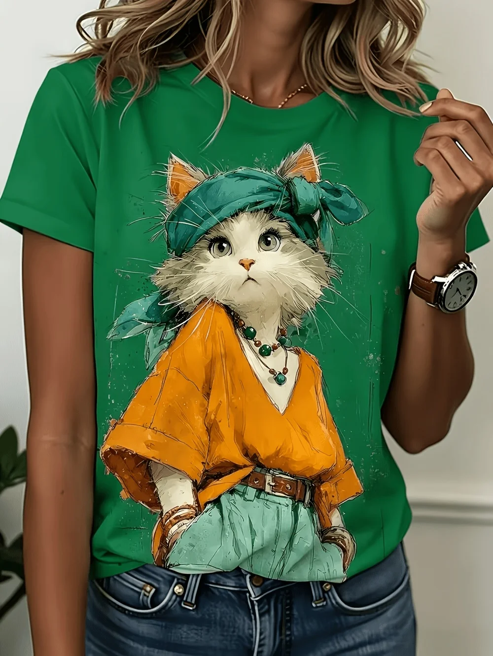 Neues Damen-T-Shirt mit Katzen-Print, modisches Kurzarm-3D-Druck-T-Shirt, Sommer-Streetwear, O-Ausschnitt, lockerer Pullover, Damenbekleidung – Detail 4