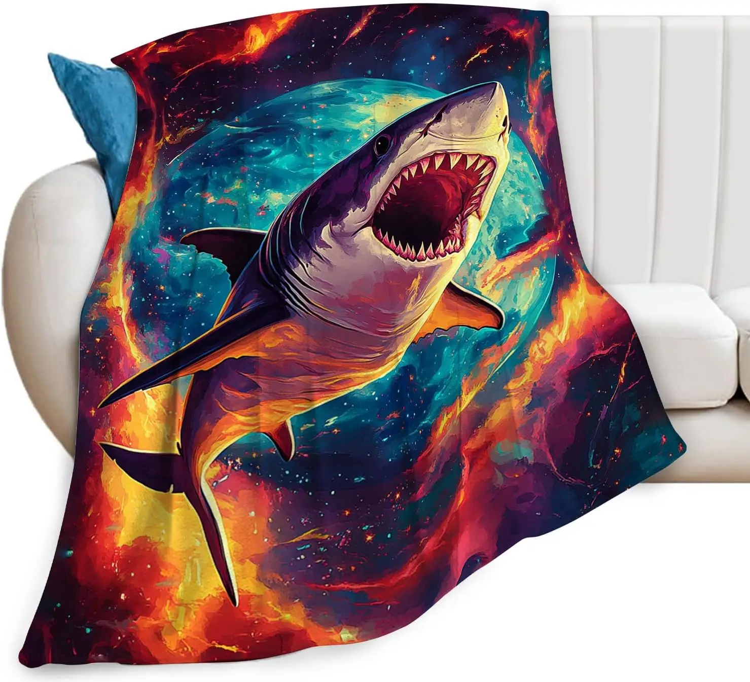 Vivid Rainbow Galaxy Big White Shark Flannel Throw Blanket Soft Cover for Couch Indoor Cool Ocean Space Aesthetic Home Decor