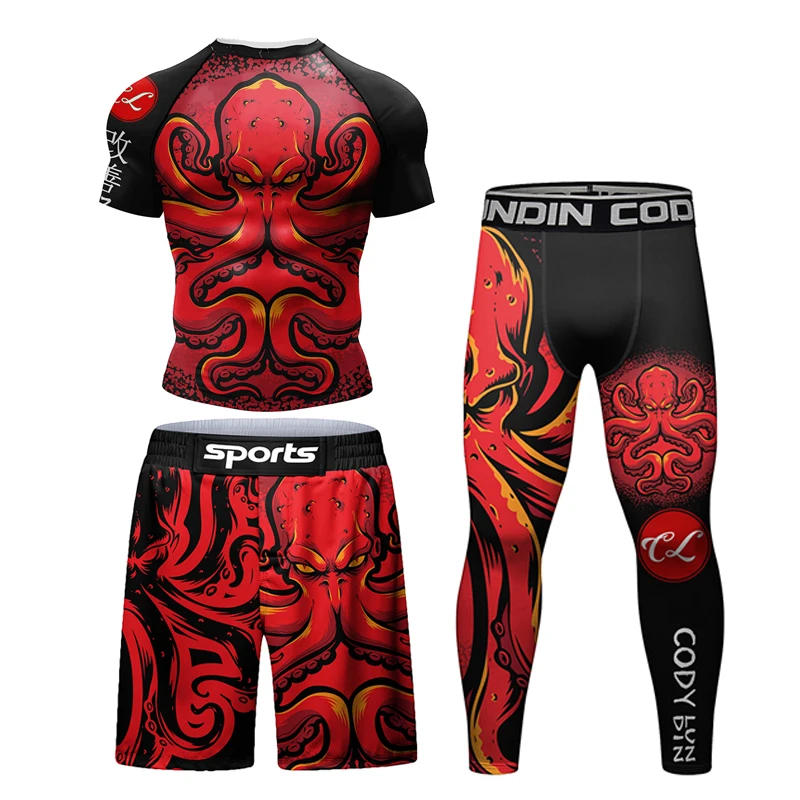 MMA Boxing T-shirts +Pants Sets Jiu jitsu Rashguard For Men Muay Thai Shorts Kickboxing Sport Gym Clothes Compression Sportswear