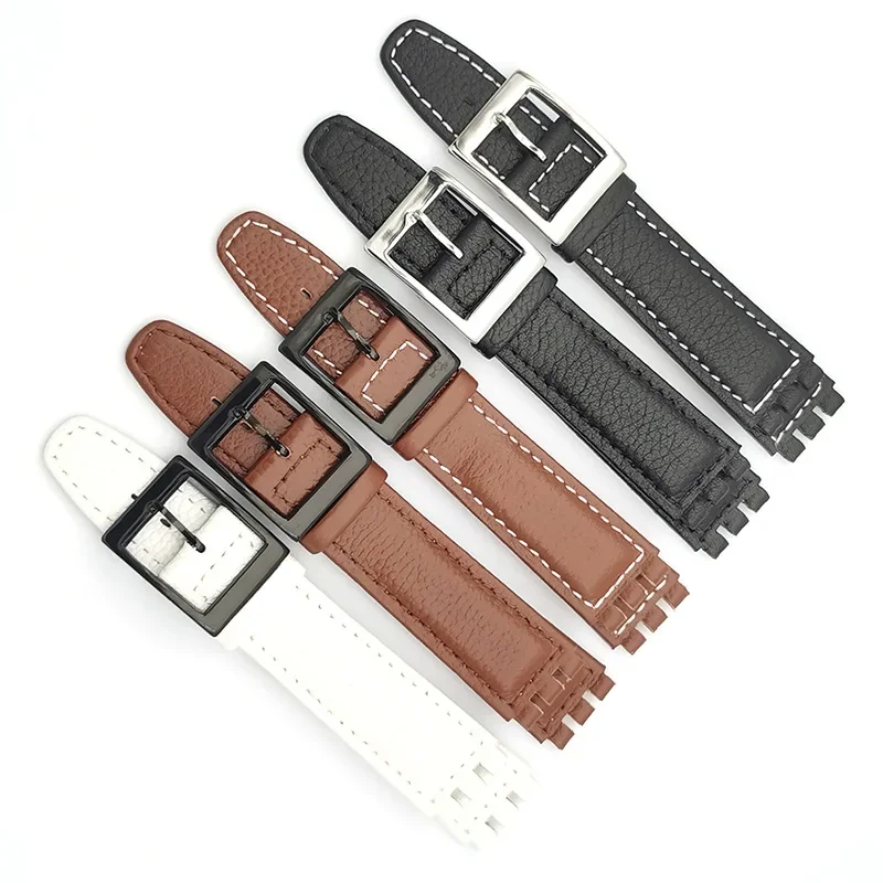 17mm Leather Strap for Swatch Cowhide Lychee Leather Watch Band Men Women Replacement Bracelet Accessories Band Metal Buckle