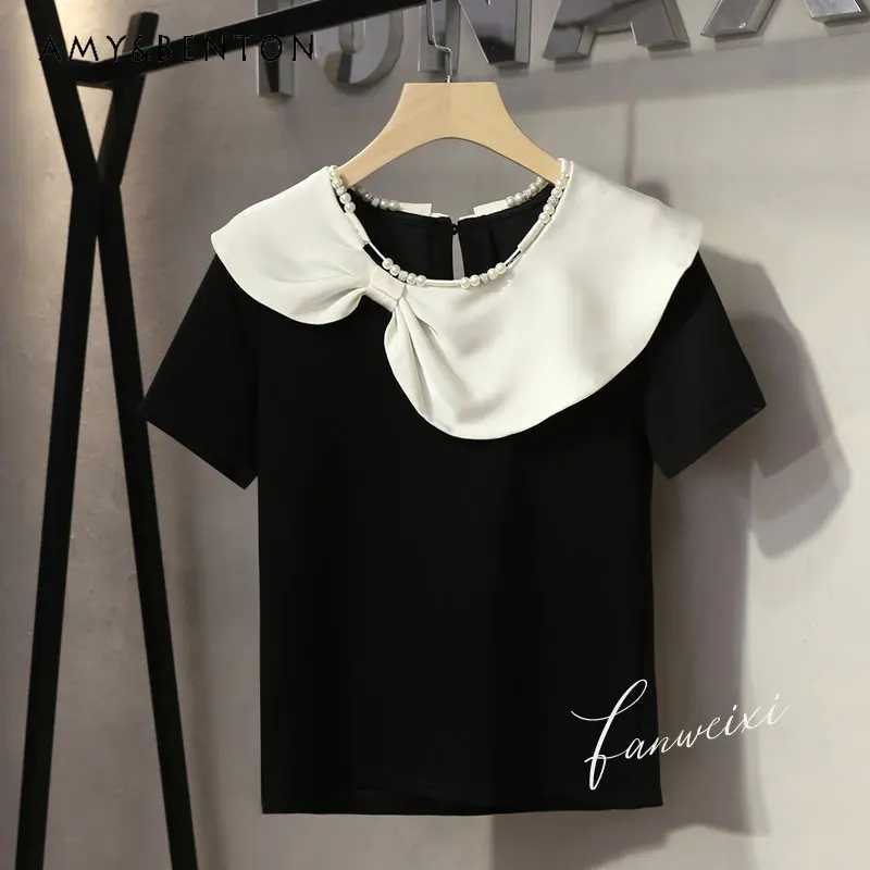 

Summer New High-Grade Hepburn Style French Contrast Color Bow Beaded Peter Pan Collar Short Sleeve T-shirt Women's Top Fashion