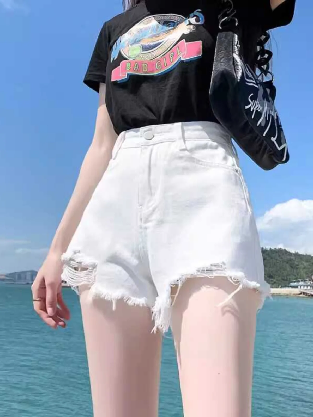 

High Waist A-Line Denim Shorts Women's Summer New plus Size Flattering Skinny Hot Pants Torn Hem Trendy Short Jeans