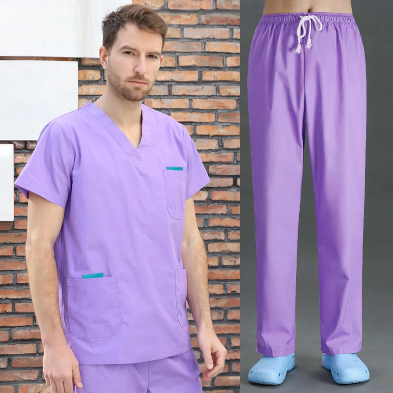 Ensemble de gIslande en coton pour hommes, chemise de gIslande à col en V, vêtements de travail vétérinaires, manches courtes, uniformes médicaux,