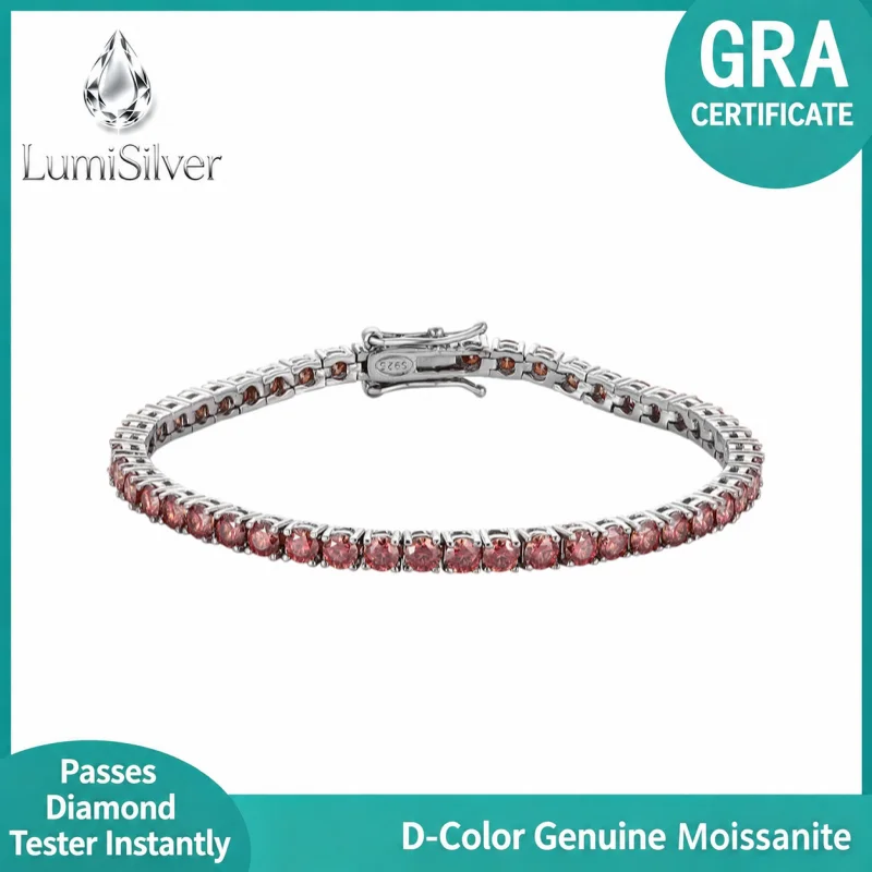Red Moissanite Tennis Bracelet 925 Sterling Silver Single Row Women Luxury Fine Jewelry GRA Cert