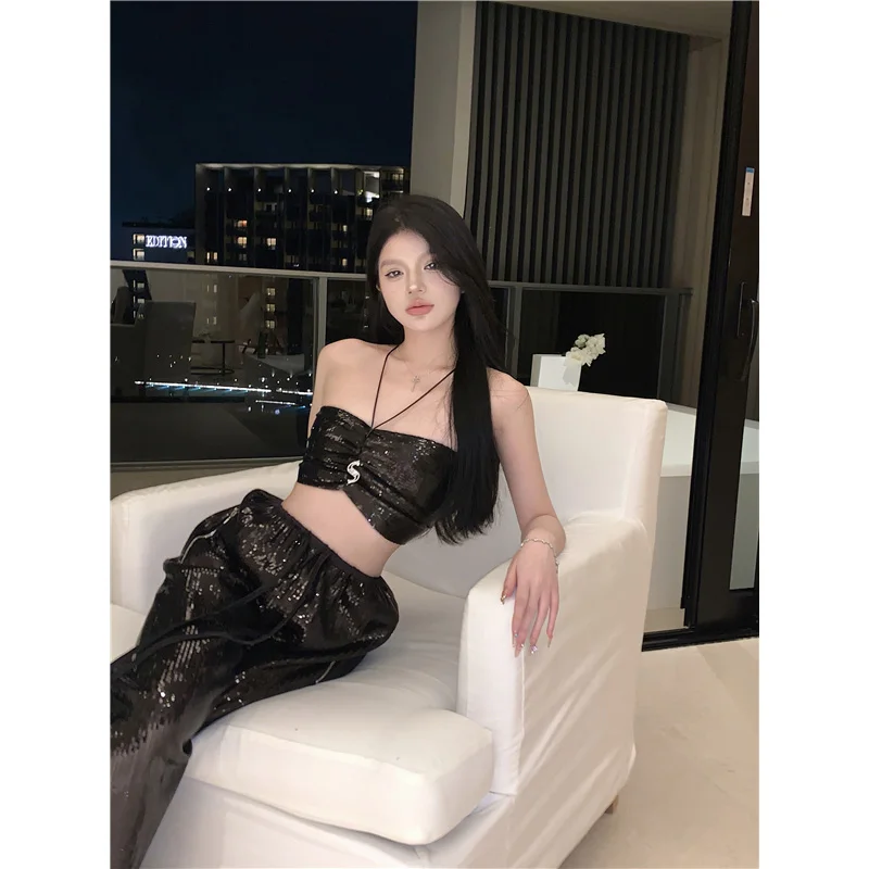 Top Halter Sequined Letters Lace-up Tube Top Suit Women's Summer Heavy Industry Drape Wide Leg Casual Trousers Pants Women