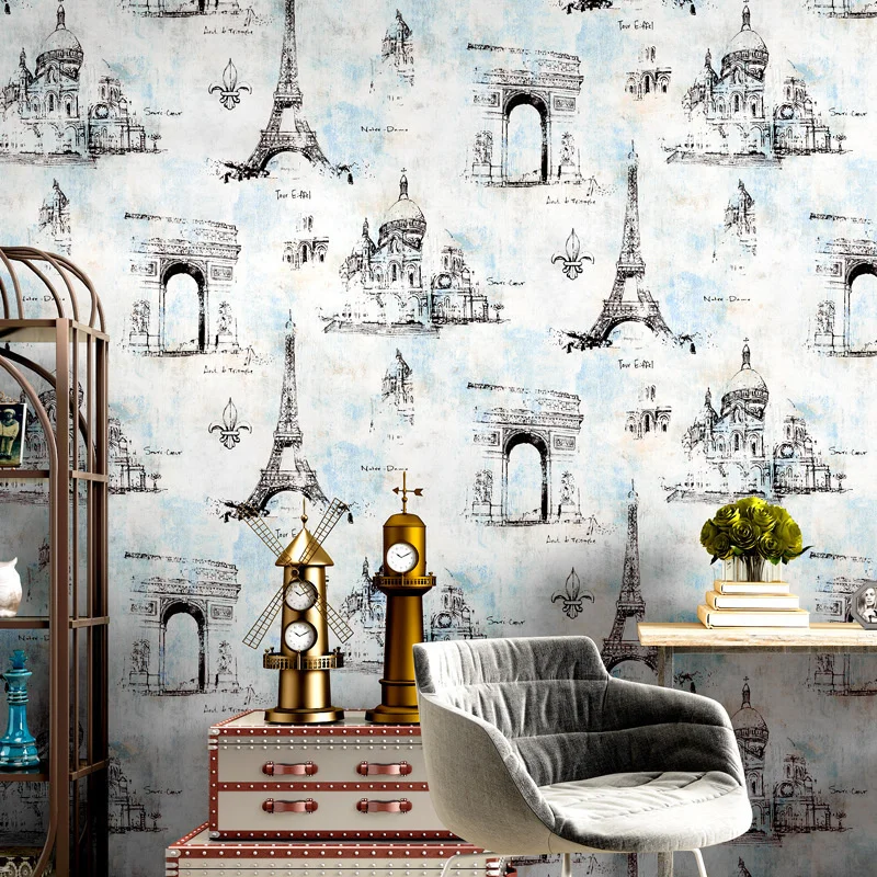 

American wallpaper nostalgic tower Cafe personalized industrial wallpaper restaurant clothing store hotel barber shop