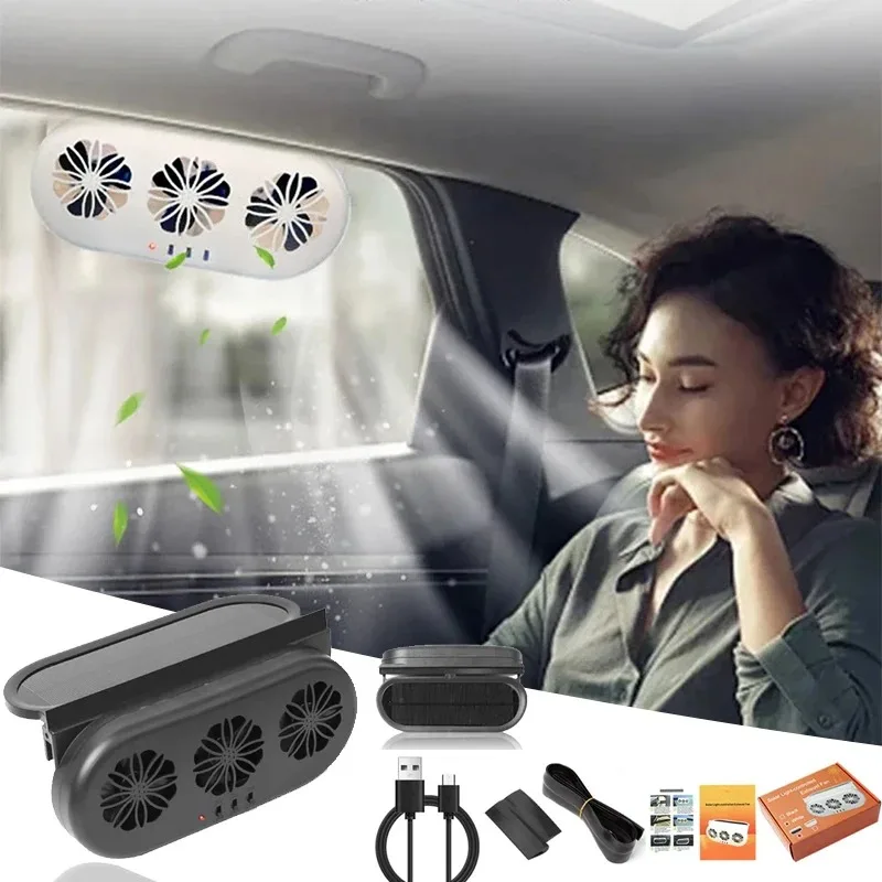 

Solar Car Exhaust Fan in-car Air Circulation Cooling 3 USB Rechargeable Ventilation Fan Cooling Smoke Exhaust Fan for Car SUV
