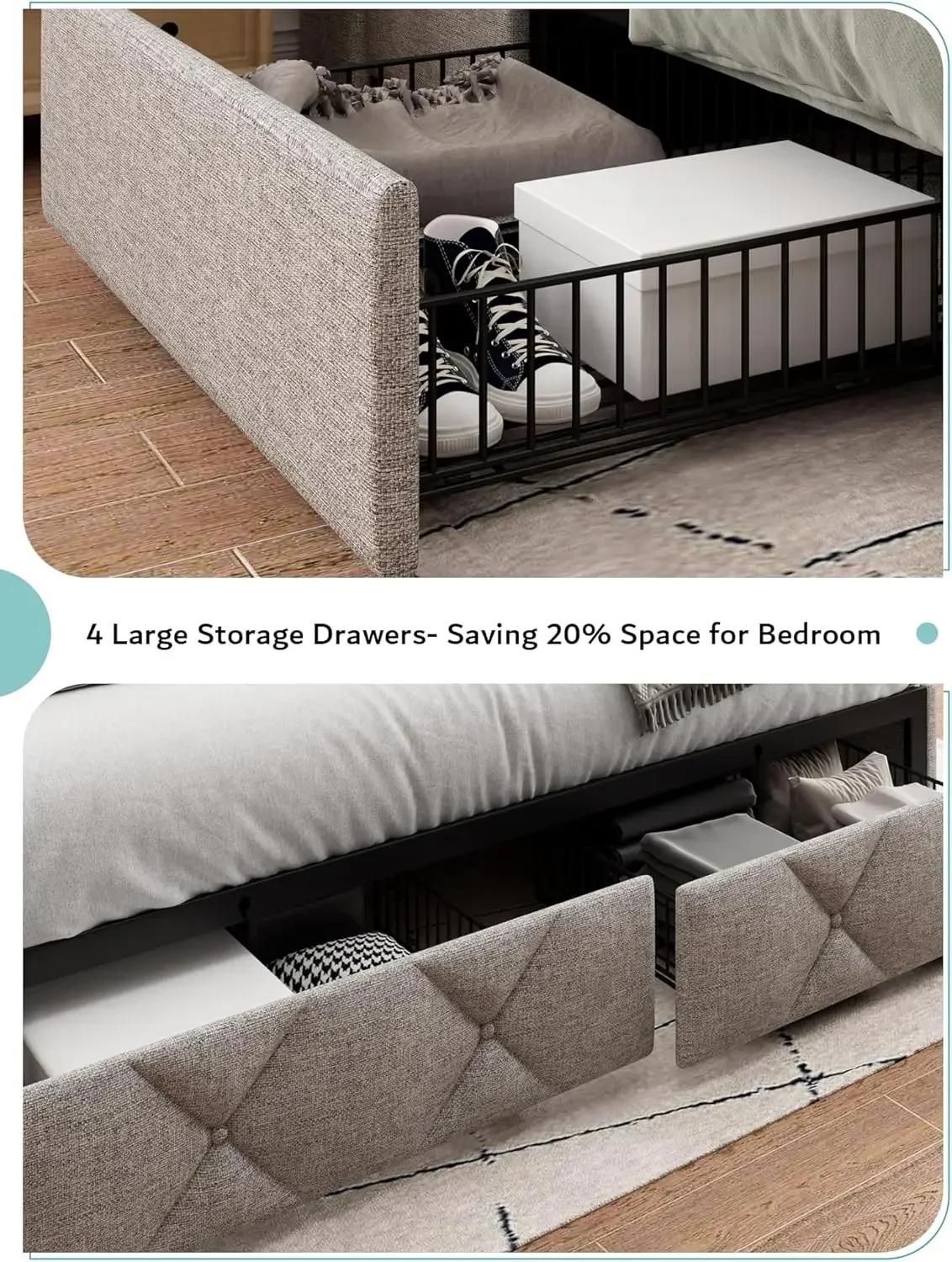 , Upholstered Platform Bed Frame with Charging Station, Modern Wingback Storage Headboard