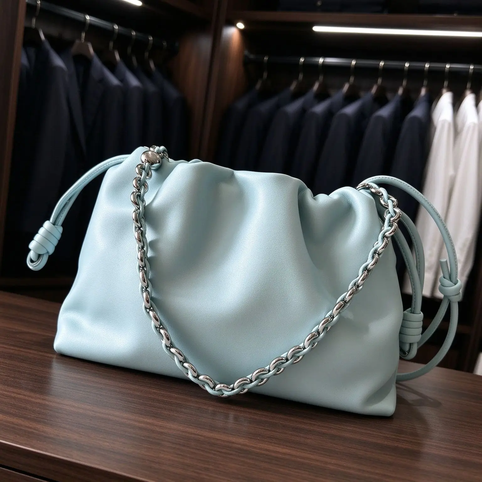 Elegant Ladies Soft Drawstring Shoulder Bag Solid Light Blue Smooth PU Leather Chain Strap Large Shopping Handbag