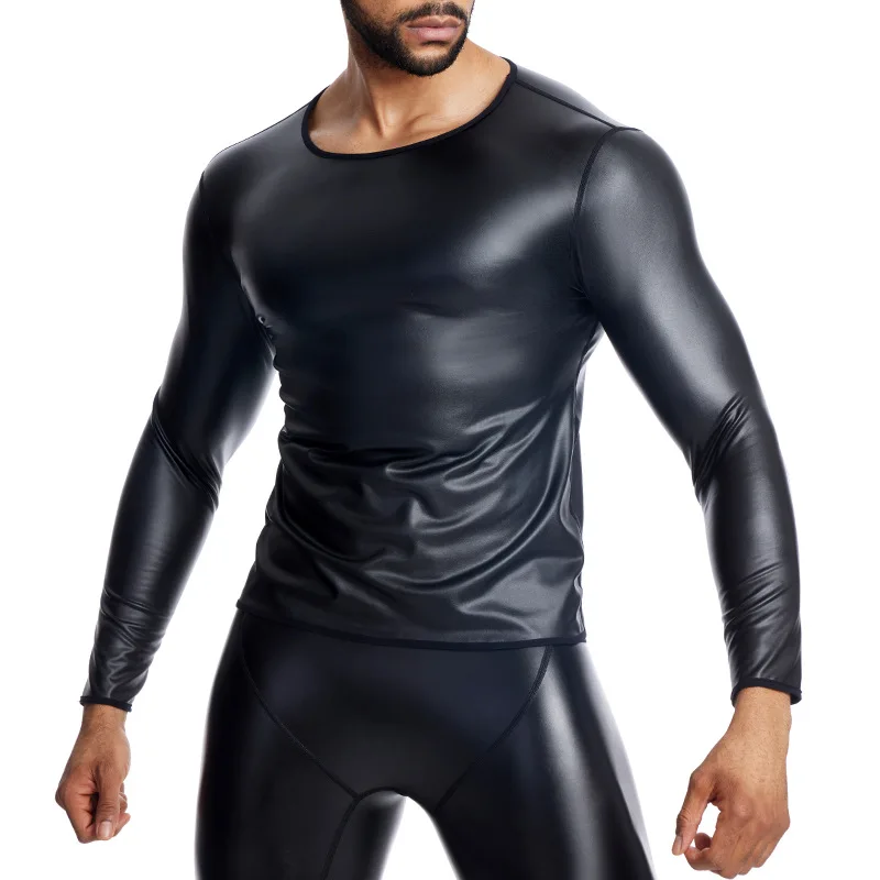 Man Sexy Punk Style PU Tank Tops Long Sleeve Black T-Shirt Faux Leather Fake Muscle Expose Fashion Sporty Lightweight T-Shirts