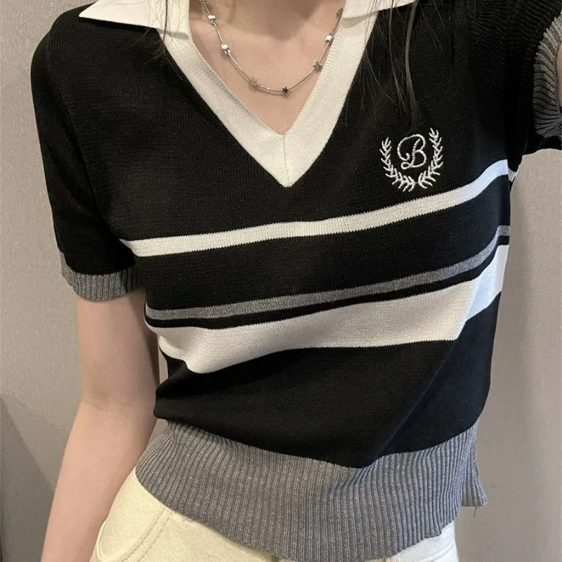 Striped Polo Neck Ice Silk Knitted Top Women's Short Sleeve 2025 Summer New Chic Fake-two Pieces V-neck Thin Short T-shirt