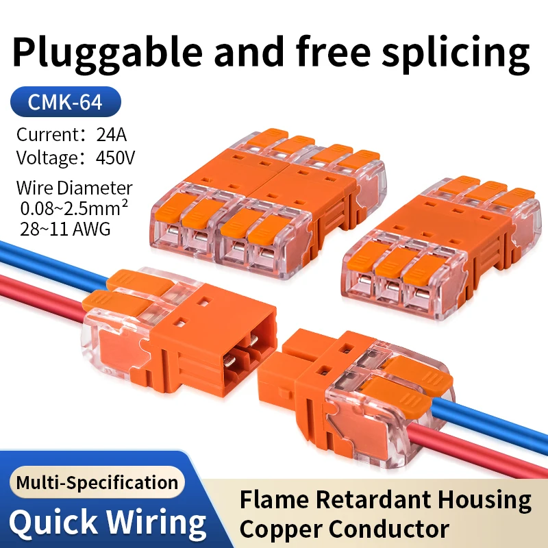 

CMK 64 10Pcs Quick Lever Wire Connectors for Compact Plug In Male Female Terminals Blocks Home Wiring, Orange, 24A, 20-13AWG