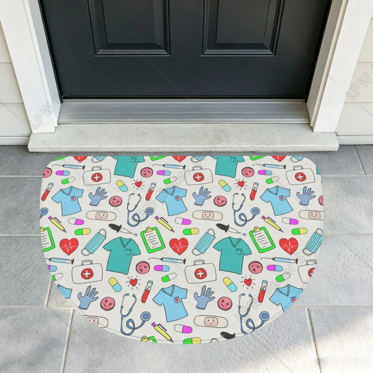 Nursing Nurse Colorful Pattern Soft Flannel Half Round Doormat Non Slip Bathroom Mat Absorbent Floor Carpet for Living Room