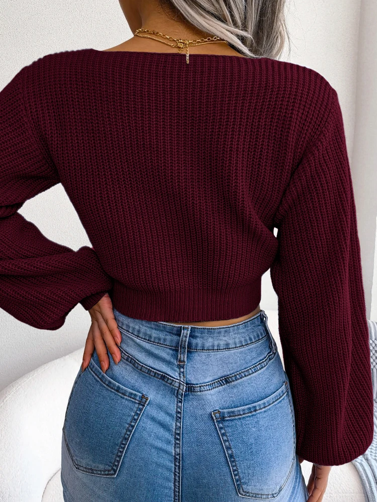 Y2K Backless Bow Tie Sweater Women Cold Shoulder Puff Sleeve Pullover Knot Front Solid Fall Winter