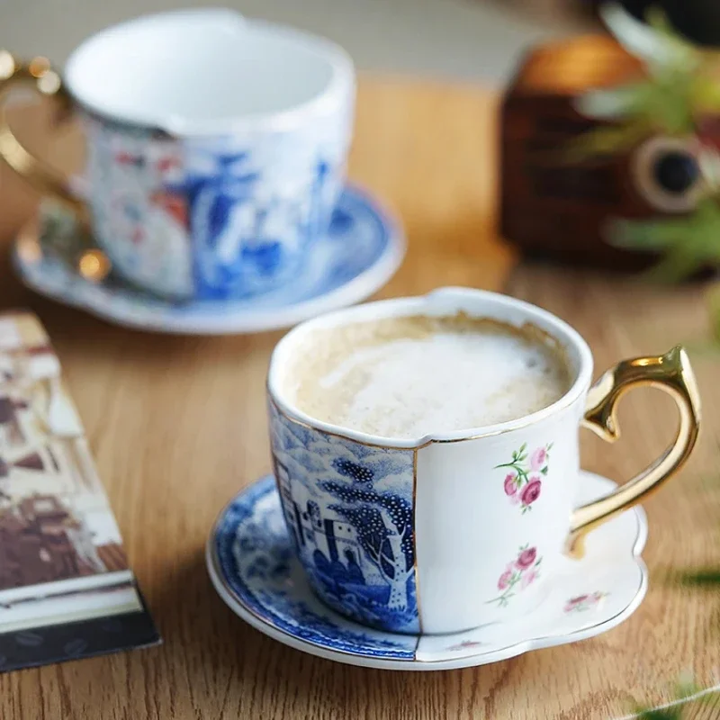 Conjunto de xícara de café e pires de cerâmica de luxo europeu retro caneca de chá da tarde criativo drinkware para casais elegante porcelana