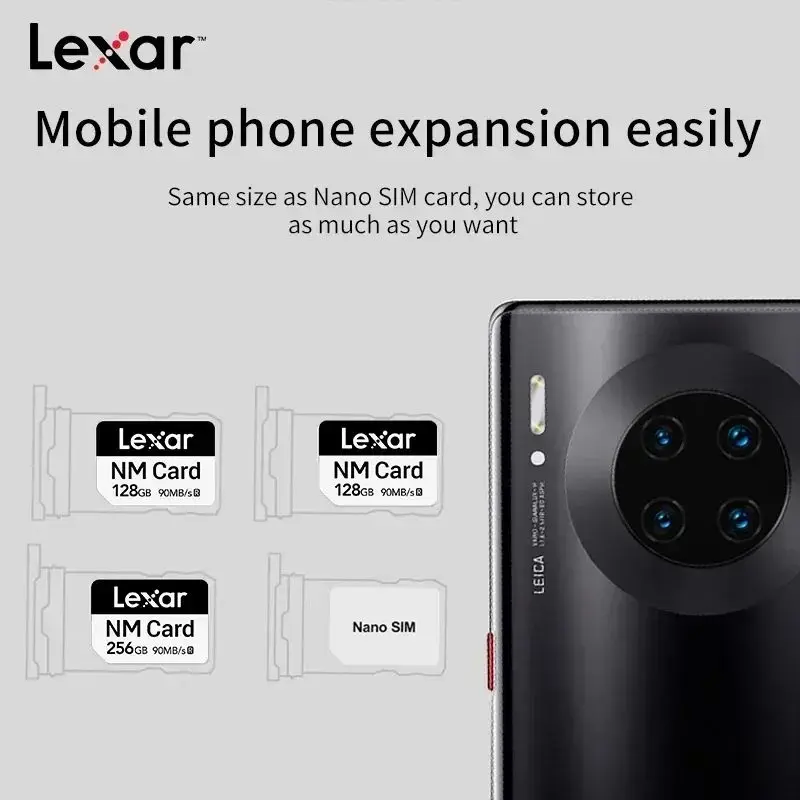 بطاقة ذاكرة Lexar NM nCARD 128GB 256GB 512GB قراءة ما يصل إلى 90 برميل/الثانية بطاقة TF لهاتف Huawei Phone nova/P60/P50/P40/P30 Mate20 Mate 30