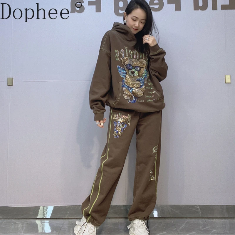 2025 New Spring Fashion Women Hoodie Sets Cute Bear Hot Drilling Hooded Loose Pullover Top + Elastic Waist Casual Straight Pants