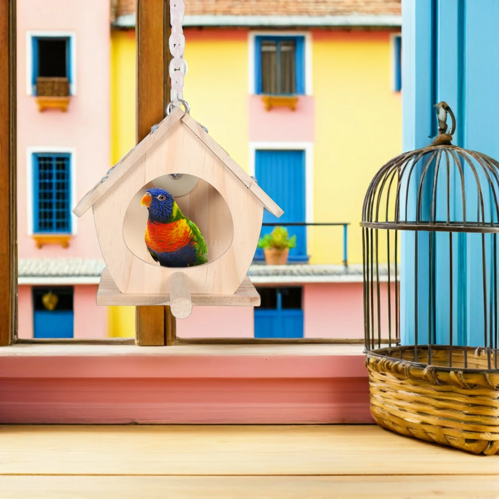 

Parrot Wooden House Bird Nest Outdoor for Small Birds Parakeet Nests Hut Budgie Perch Stand Hanging