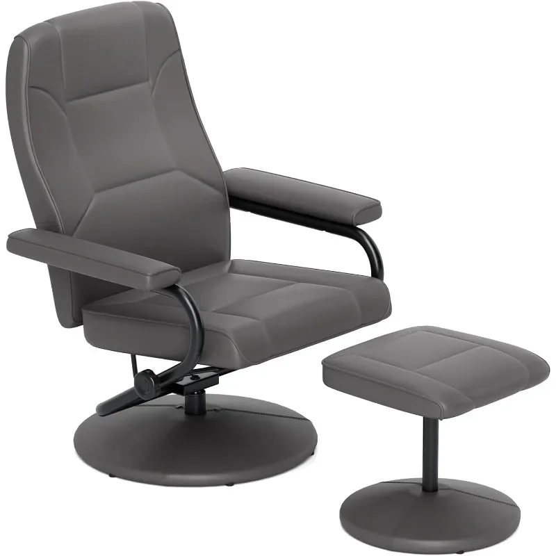 Recliner Chair with Ottoman, 360° Swivel Faux Leather Reclining Chair w/Adjustable Backrest, Footrest, Sturdy Metal Base